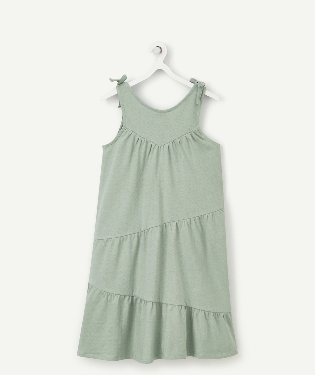 ROBE A BRETELLES FILLE VERTE EN COTON BIO AVEC VOLANTS