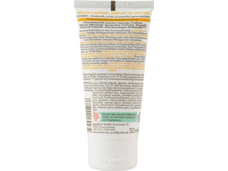 Jean & Len Sonnencreme Sensitive Gesicht LSF 50  50 ml Gesichtssonnencreme als spezieller Schutz vor potenziell schädlichen UV-Strahlen
