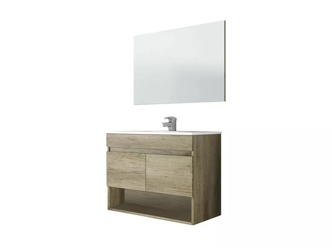 Shreveport Meuble sous-vasque, meuble de salle de bain 2 portes, meuble suspendu avec étagère et miroir, évier non inclus, 80 x 45 h 64 cm, chêne