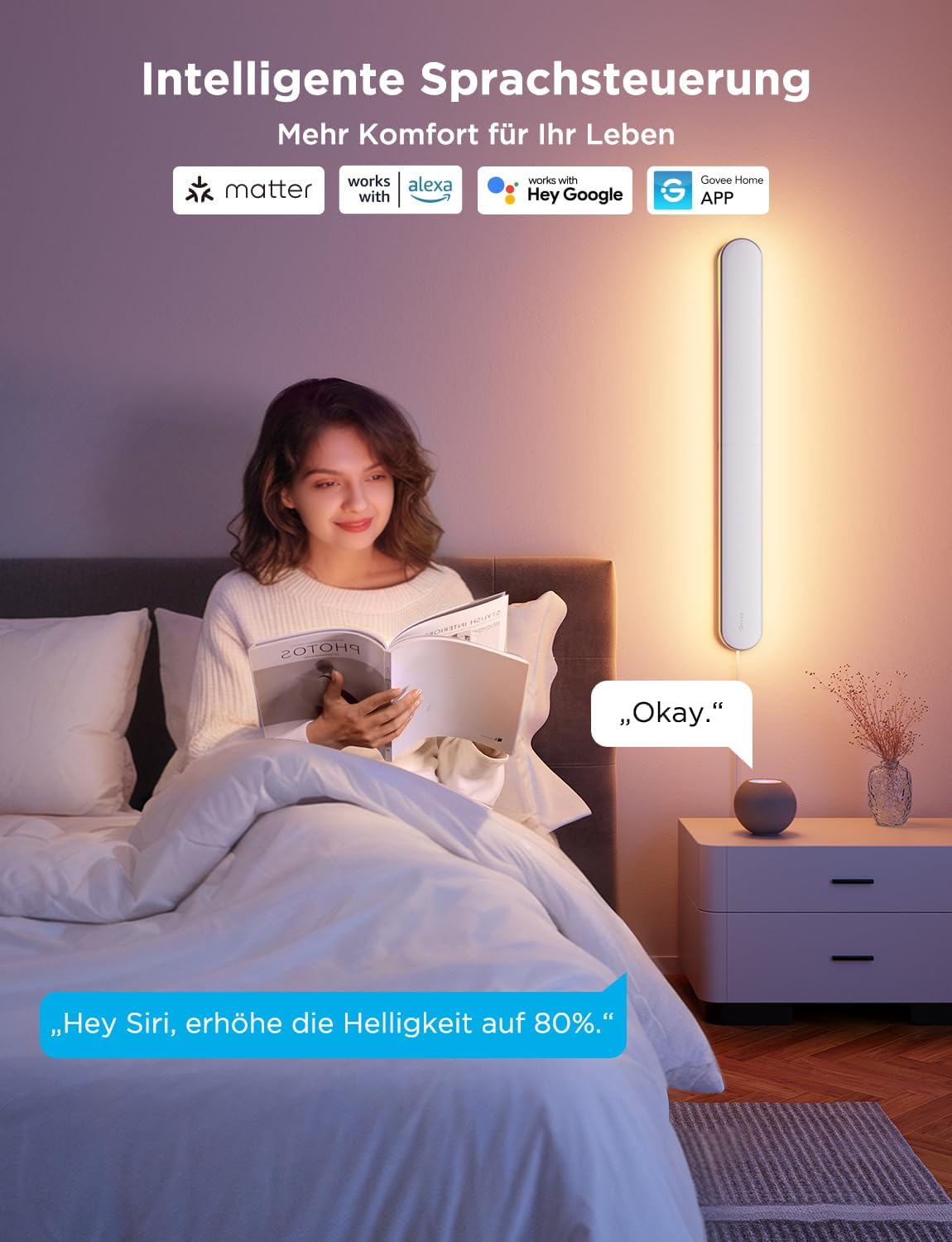 Govee RGBICW Wandleuchte Innen, Smart Wandlampe Kompatibel mit Matter, Alexa & Google Assistant, 1200lm LED Wandleuchte, Musik Sync, Indirekte Beleuchtung für Wohnzimmer, Treppe, Flur, 1 Stück