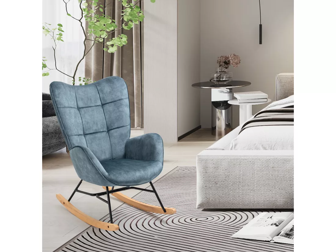 Fauteuil à Bascule Chaise Loisir et Repos Tissus Bleu pour Le Salon Salle à Manger Pieds E' Bois Métal, 69 x 84 x 97 cm KELAN BLUE