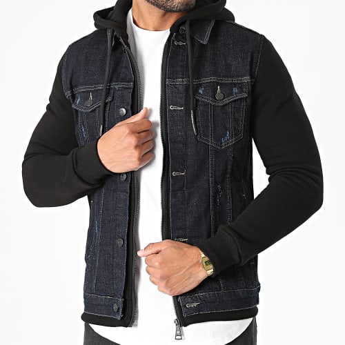 Veste Jean A Capuche GJ-3023 Bleu Brut Noir