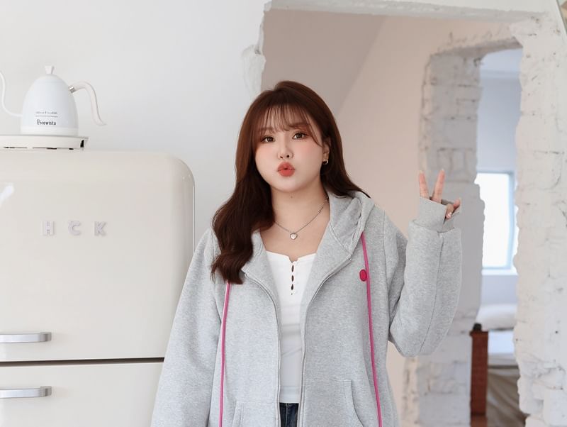 Telipino - Plus Size Effen Applicatie Oversized Hoodie met Ritssluiting