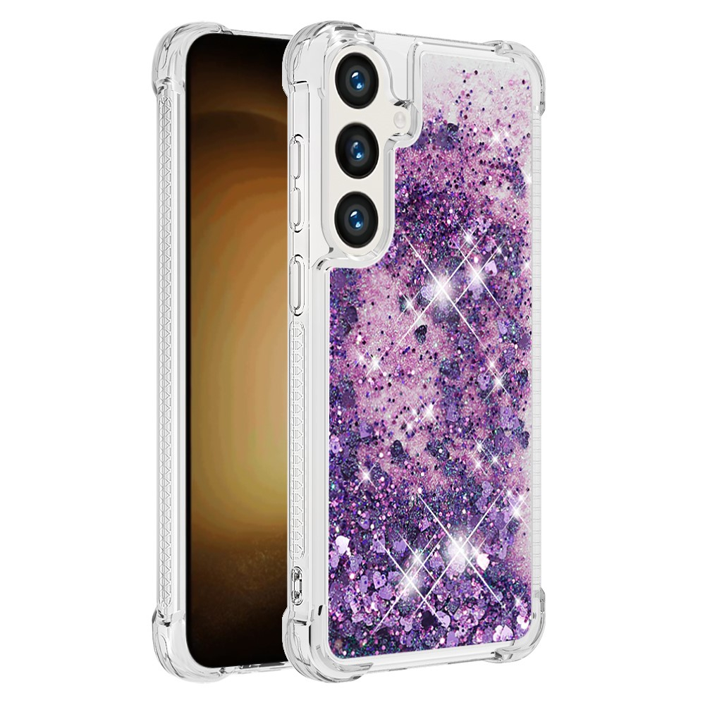 Samsung Galaxy S24  Plus Hardcase Hülle mit Air Cushion Fallschutz Liquid Case Glitzer Herzen - Lila / Transparent