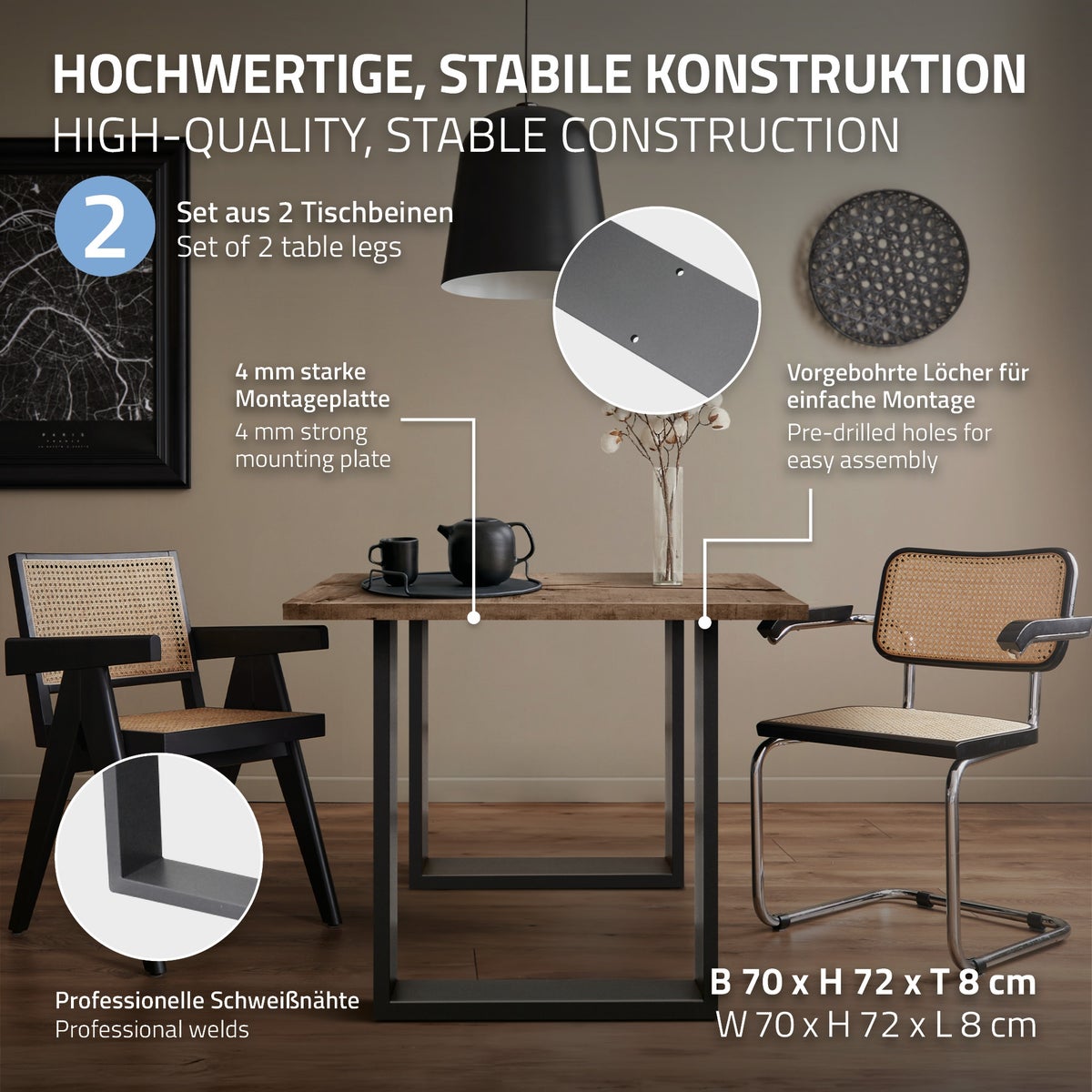 ECD Germany 2x Tafelpoten van vierkante profielen, 70 x 72 cm, antraciet, gepoedercoat staal, industrieel design, metalen tafelsledes, tafelonderstel, tafelframe, meubelpoten, voor eettafel, bureau