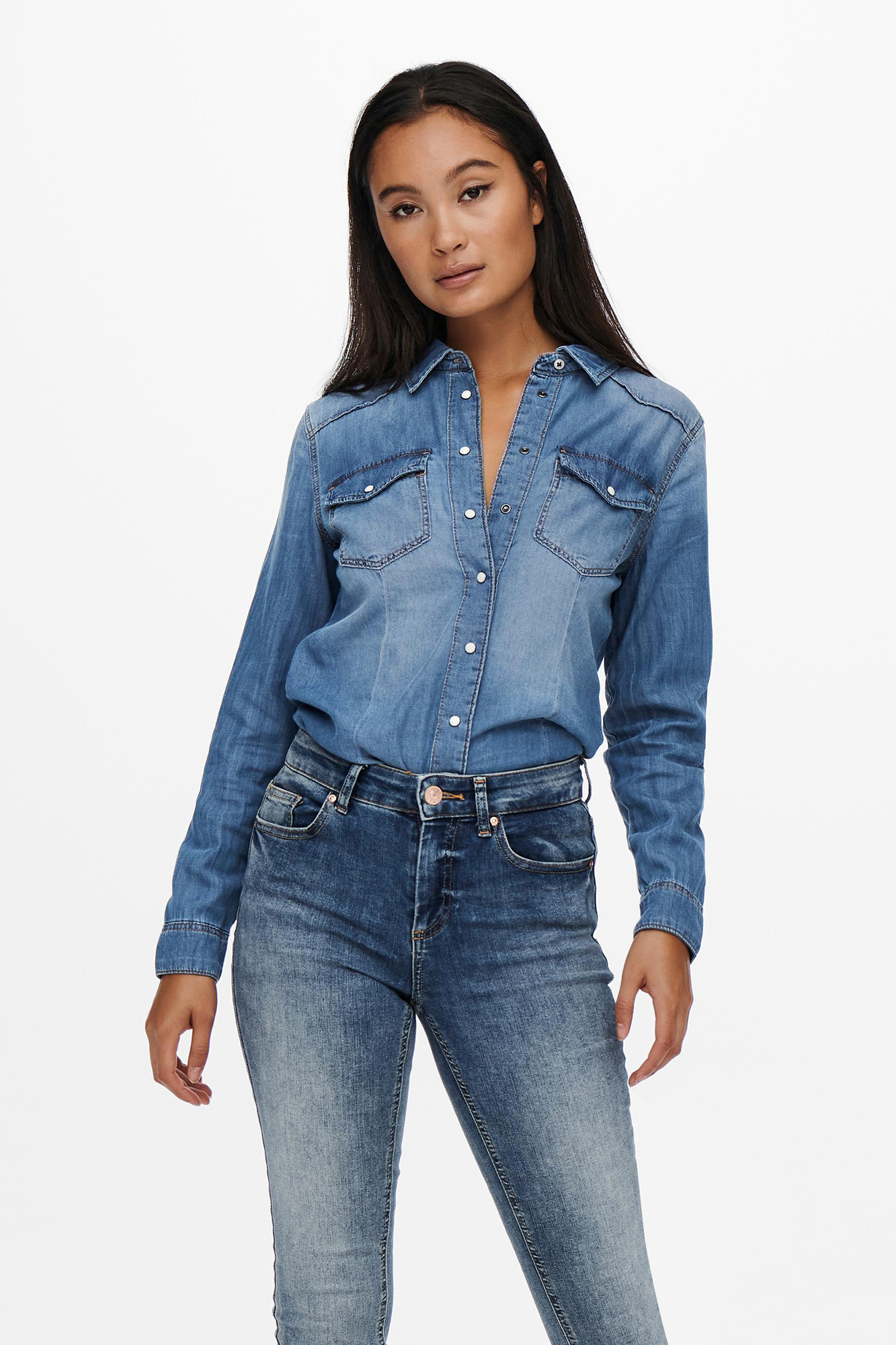 camisa jeans de manga comprida