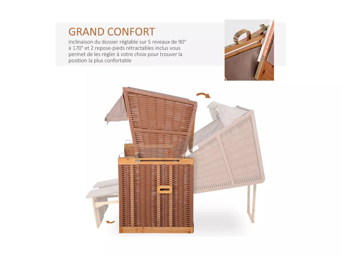 Outsunny Corbeille de plage 2 places pliable - Cabine de plage inclinable - abri plage strandkorb - coussins, repose-pieds, tablettes, pare-soleil - bois résine tressée polyester taupe