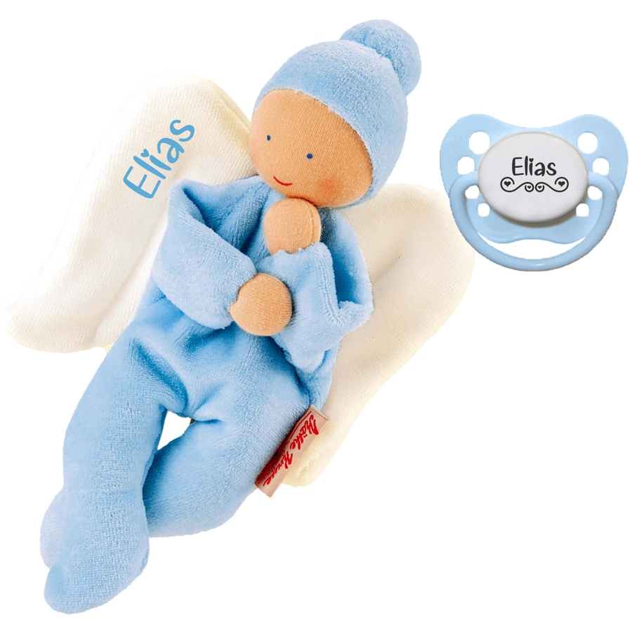 Schnullireich Geschenkset Käthe Kruse Schmusepuppe Nickibaby Engel mit Namen + NIP Namensschnuller Blau