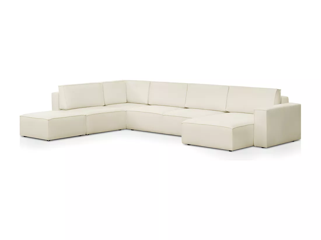 Canapé d'angle à gauche panoramique convertible modulable 8 places avec pouf en tissu bouclé écru - Harper Mod