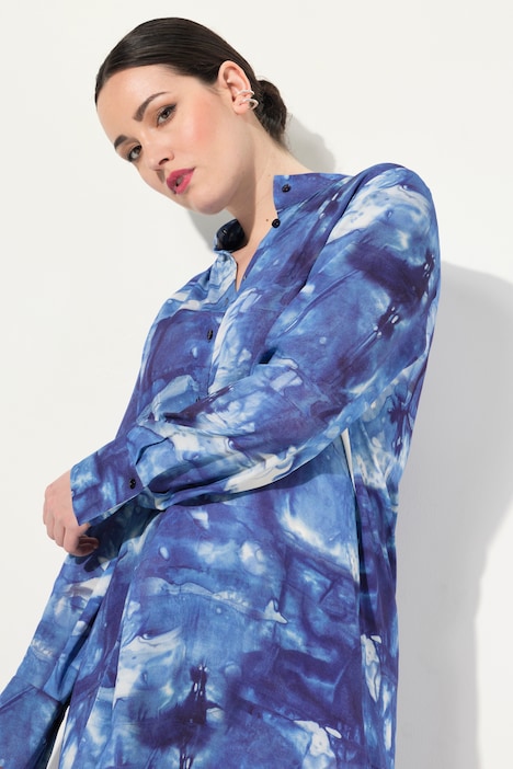 Longbluse, Batikmuster, A-Linie, Stehkragen, Langarm