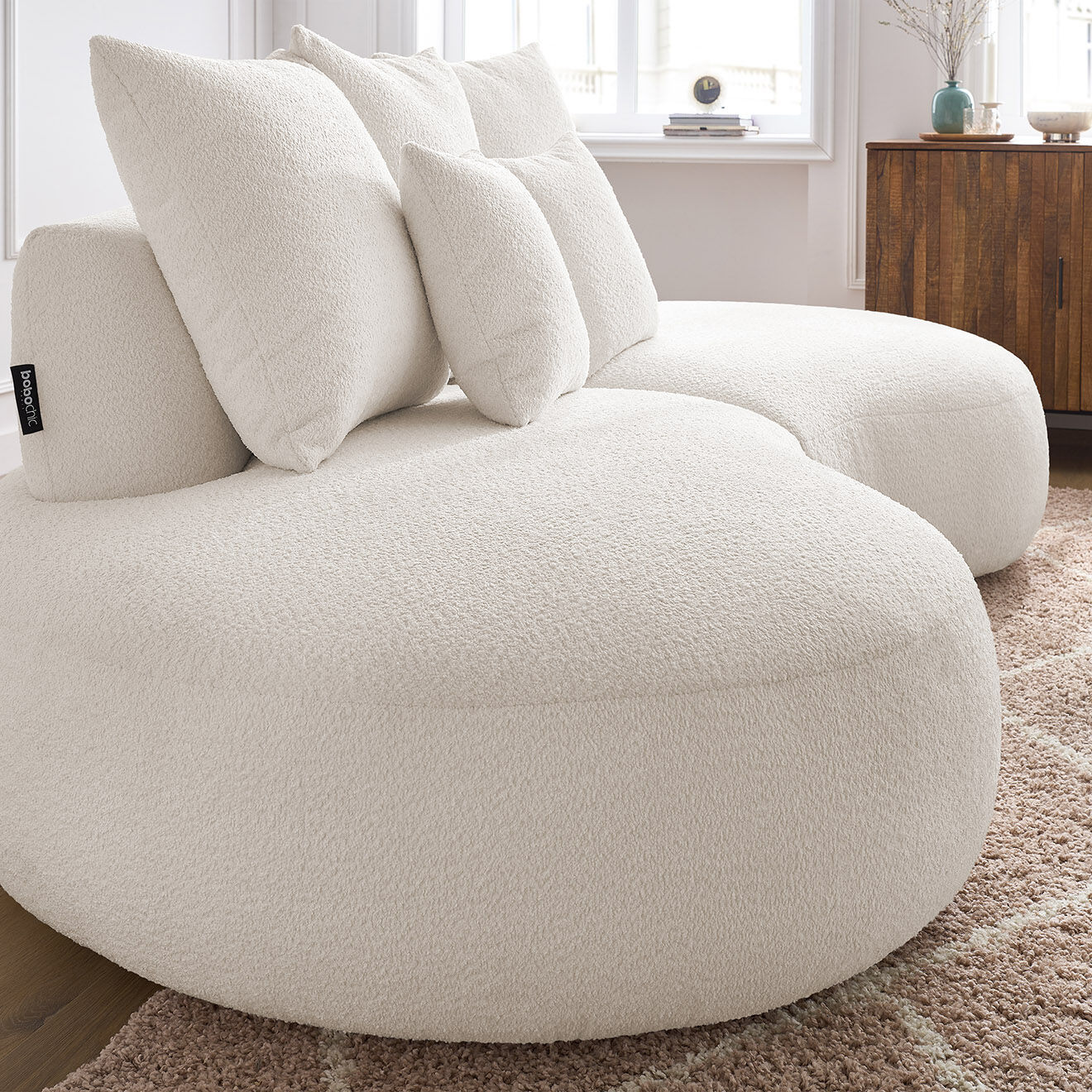 Bobochic Canapé droit fixe 3 places saint-germain tissu bouclette blanc - 260x145x92 cm