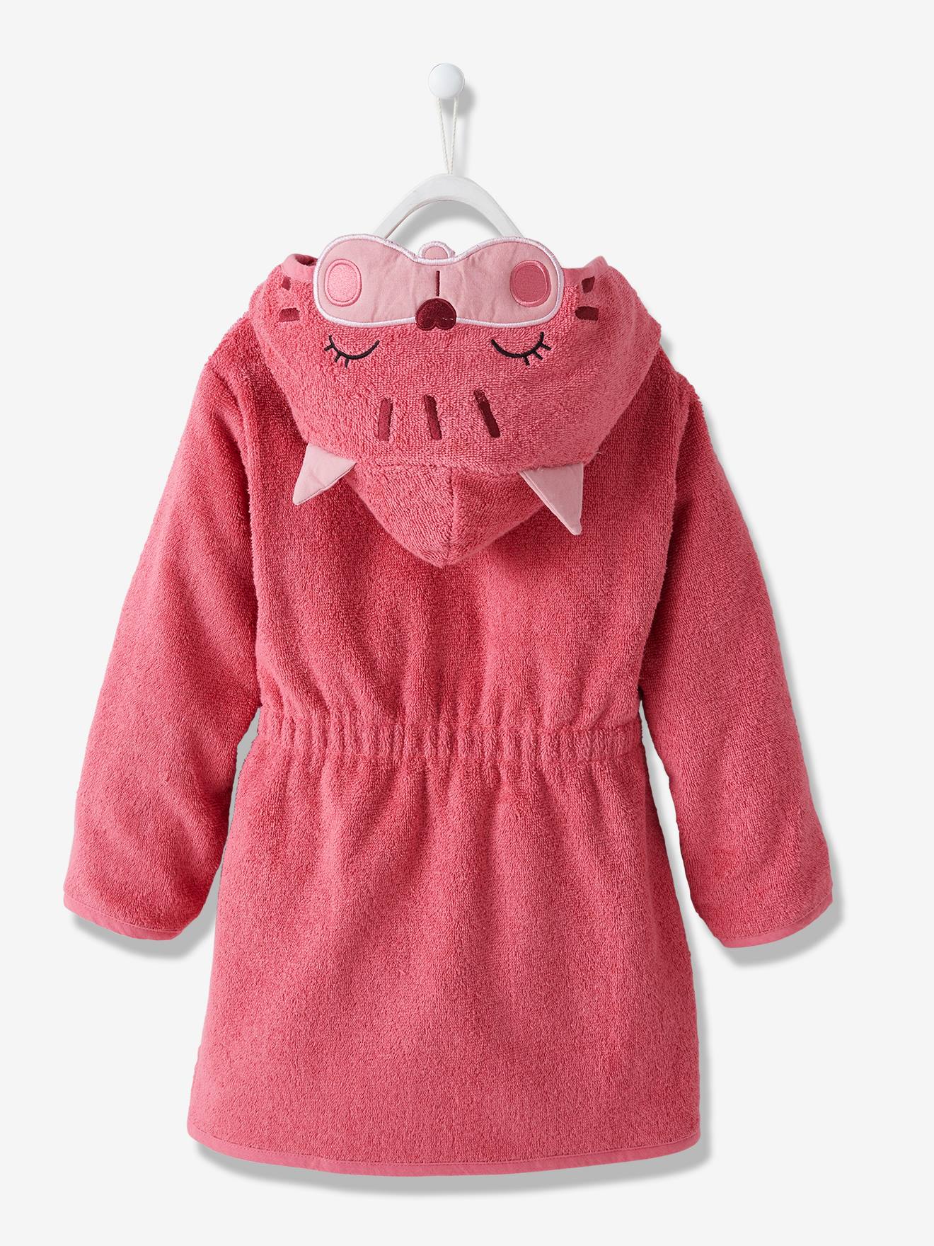 Roupão infantil liso rosa escuro com estampa de gato.