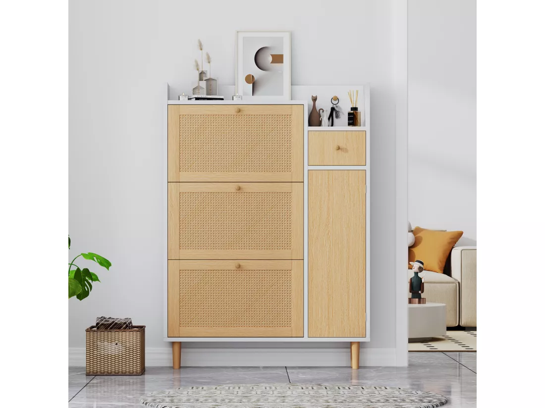 Meuble à chaussures 3 portes abattants et 1 tiroir dim. 90L x 17L x 125H cm aspect bois effet cannage rotin coloris blanc + chêne