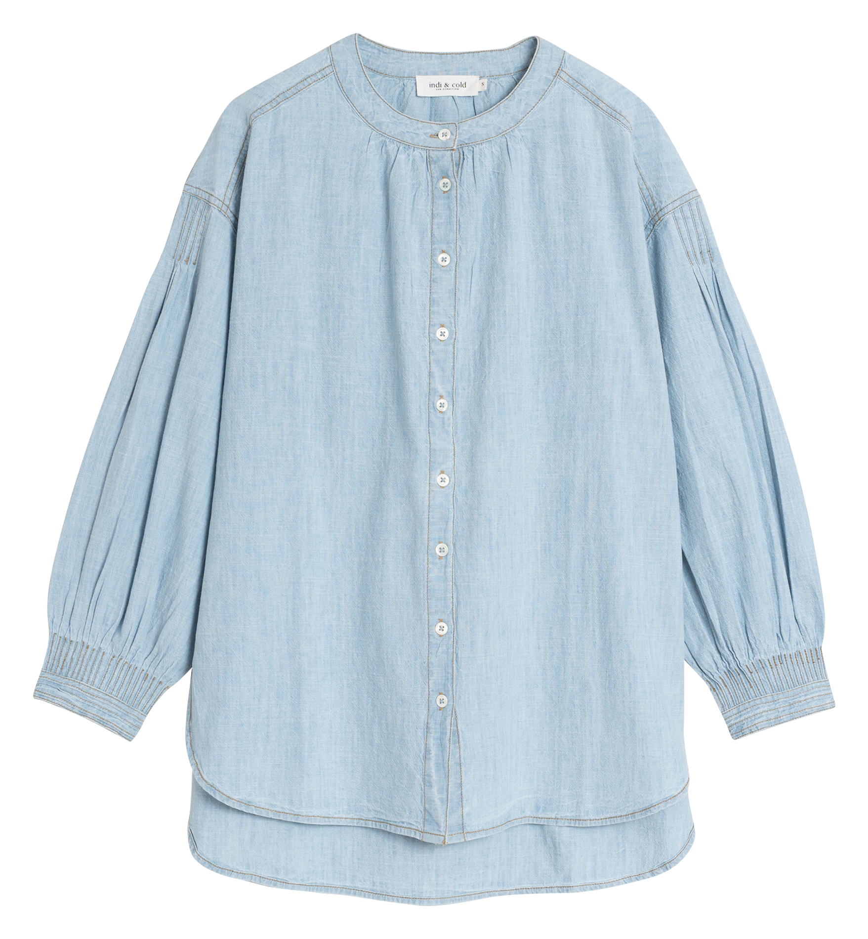 Chemise ample col rond en denim | Bleu