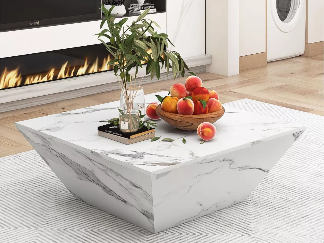 Table basse moderne - avec 2 tiroirs - placage à motif marbre - Blanc