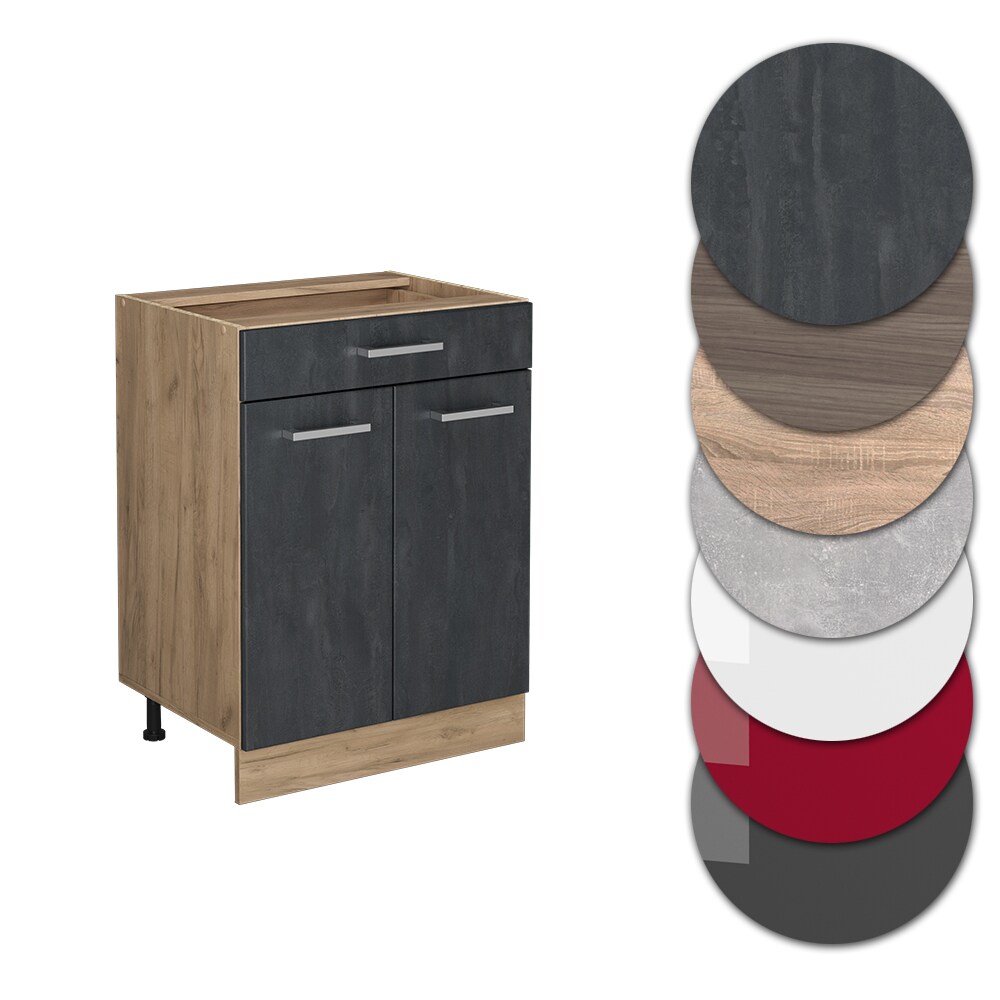 Vicco Schubunterschrank R-Line Schwarz Beton Eiche 60 cm mit Arbeitsplatte Anthrazit