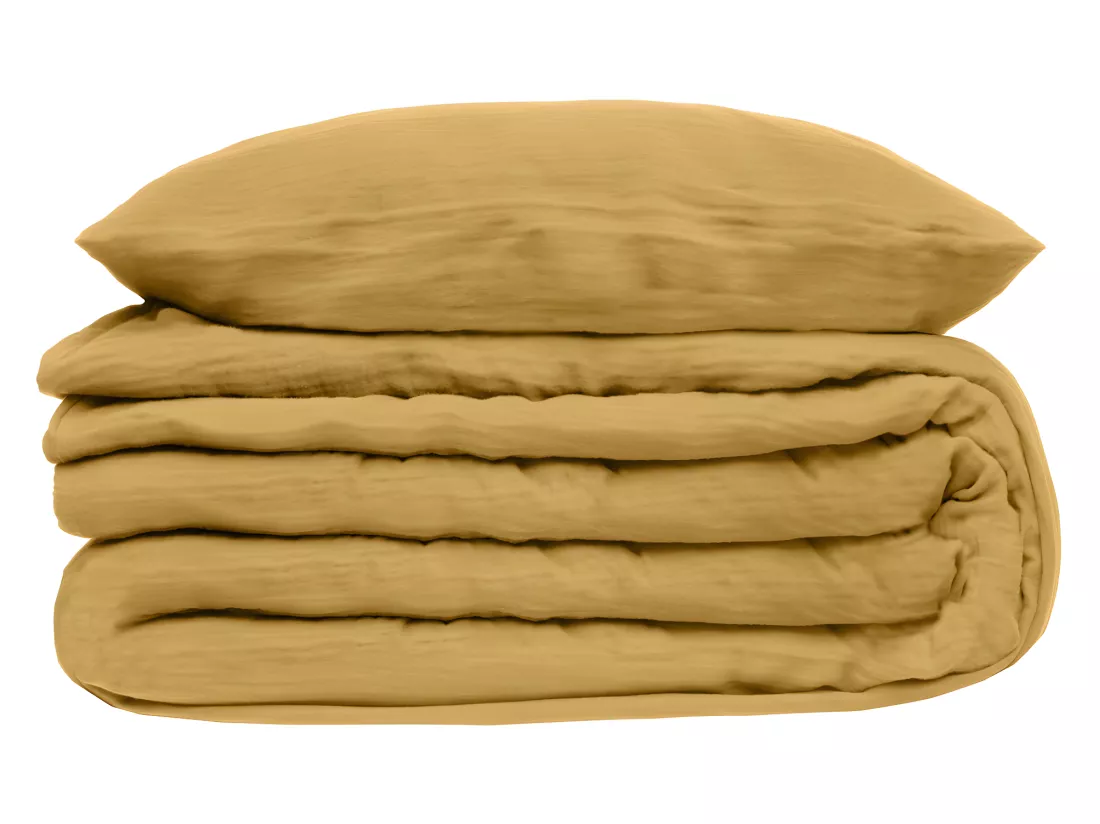 Parure de lit 2 Personnes en gaze de coton Jaune Ocre 260 x 240 cm Housse de couette avec 2 taies