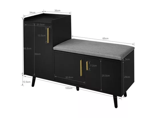 Meuble à chaussures - avec une banquette et 3 portes - Noir