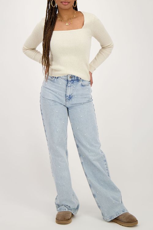 Beige boucle top met vierkante hals