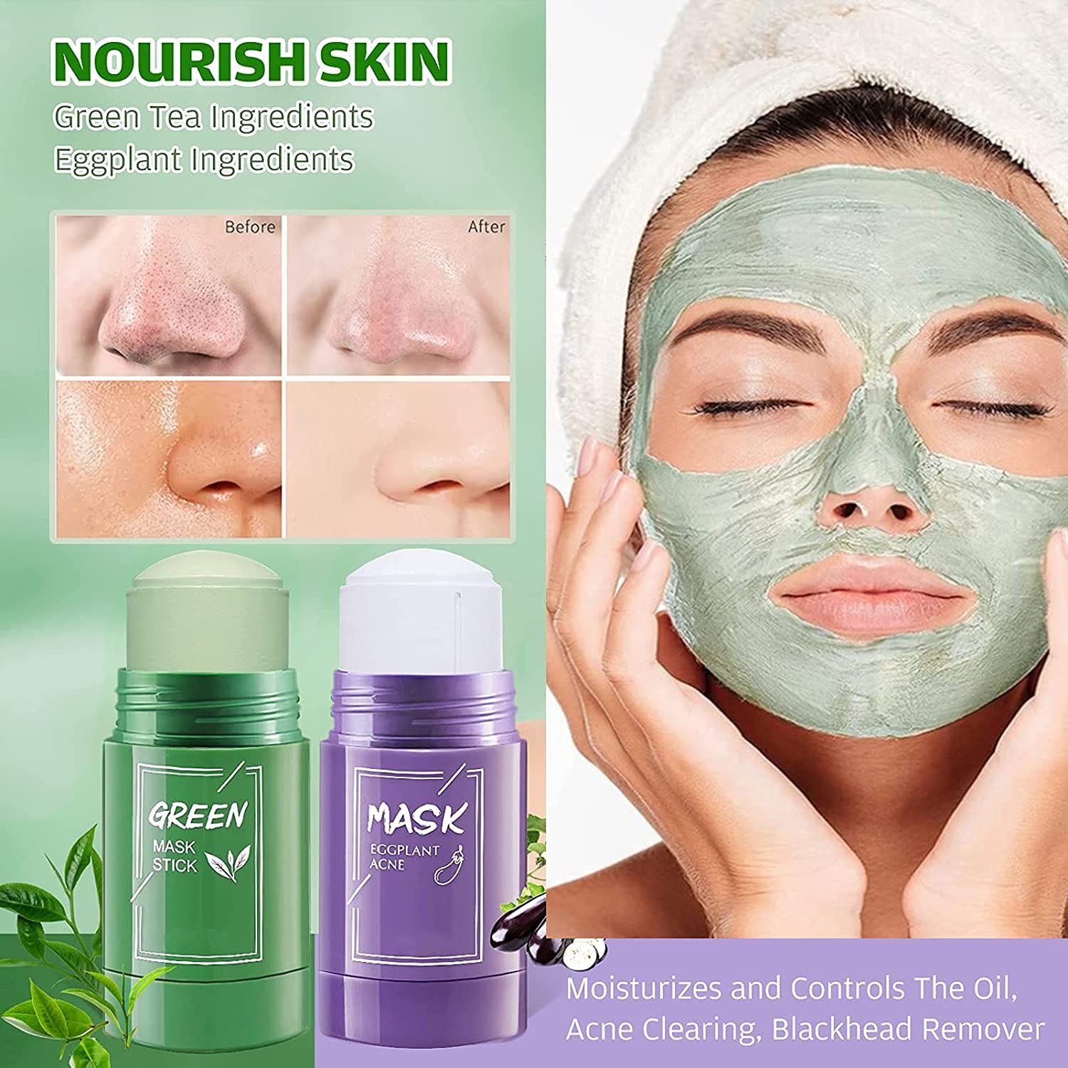 AONAT  2 Stück Grüner Tee Maske,Green Mask Stick,Grüntee Purifying Clay Grüntee Maske Ölkontrolle