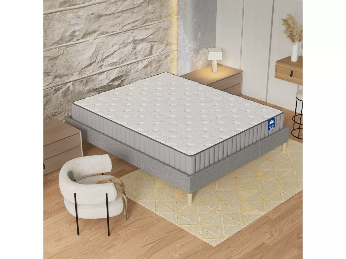 Ensemble matelas Mousse + sommier 140x200cm, Orionis 22cm d’épaisseur et sommier tissu gris