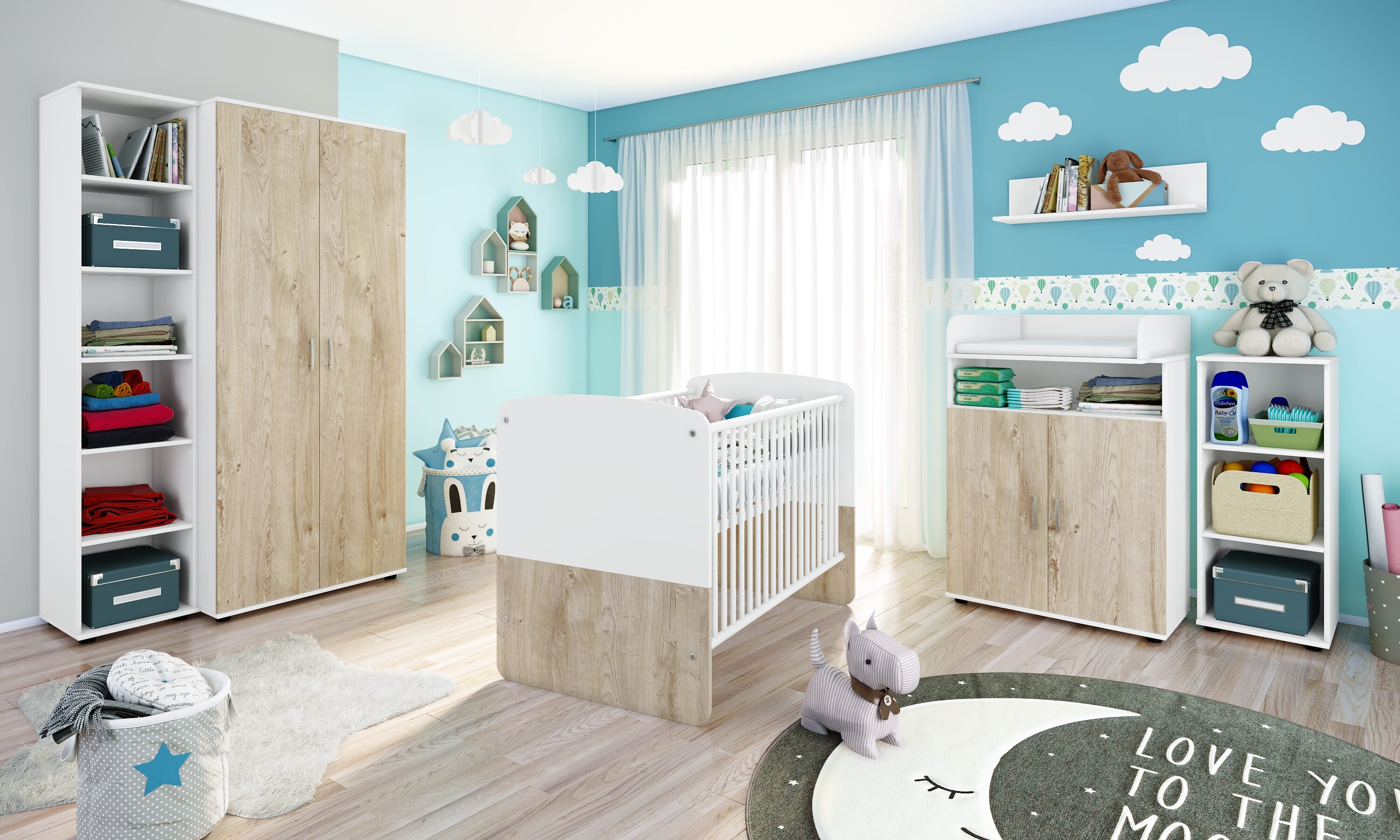 nonjoo. Babyzimmer Hanna Set 6: best. aus Babybett, Kommode, Wickelaufsatz, Wandboard, Regal mit 3 Fächern, Regal mit 6 Fächern und Kleiderschrank 2-trg.