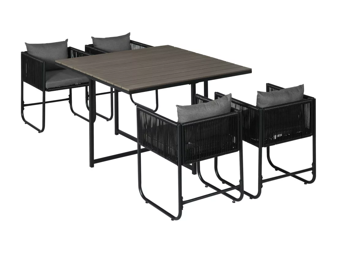 Ensemble salon de jardin encastrable 4 personnes 5 pièces - coussins déhoussables - métal résine filaire noir gris