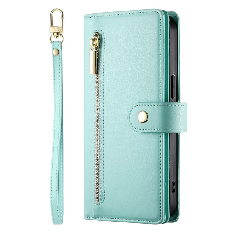 iPhone 16e Leder Tasche Flip Cover mit Reissverschluss   Handschalufe - Türkis