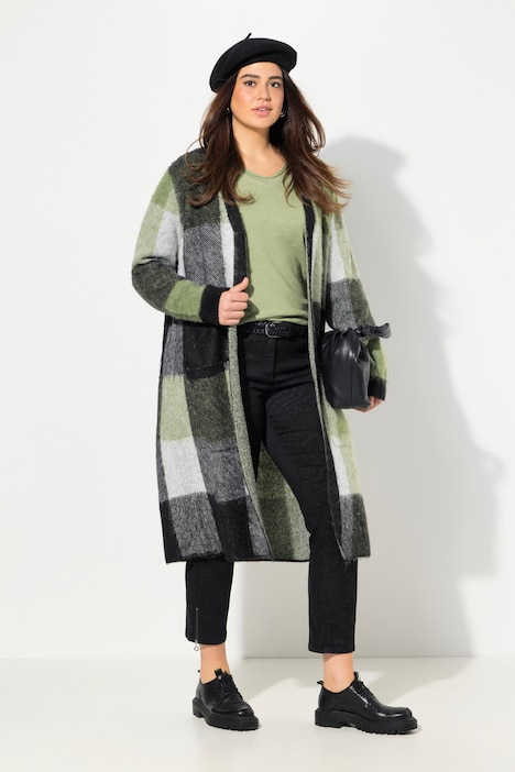 Long-Strickjacke, Karo, offenes Modell, Taschen