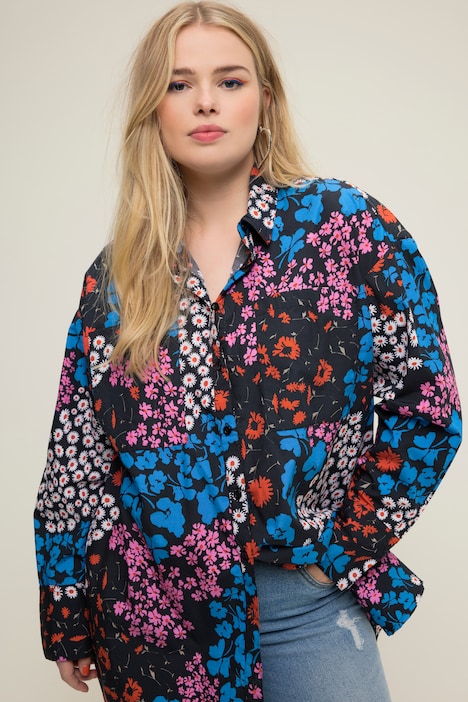 Hemdbluse, oversized, Flower-Muster, Knopfleiste, Hemdkragen