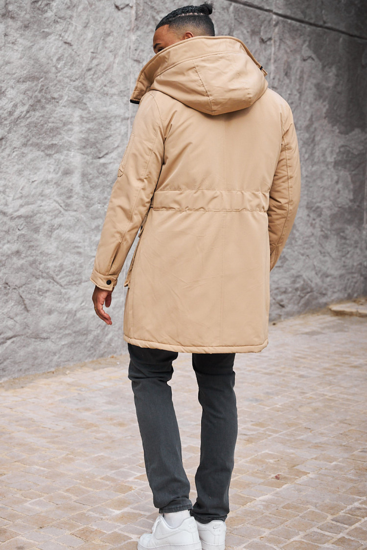 Parka beige à capuche longue à poches