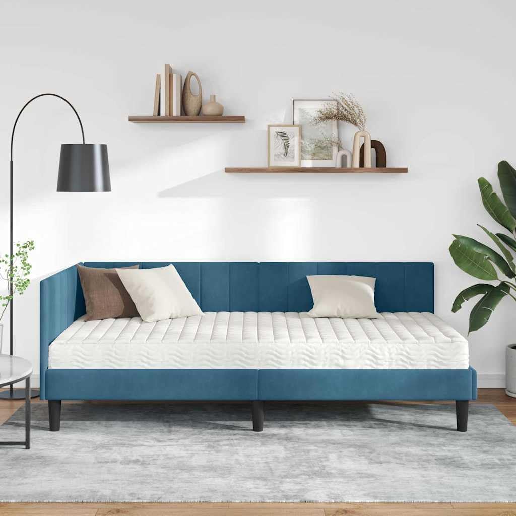 Boxspringbett mit Matratze, Einzelbett 100 x 200 cm mit Matratze, Polsterbett, Sofabett, Tagesbett, Universelle Bettseite, Bett, Schlafzimmer, Kinderzimmer, Blau