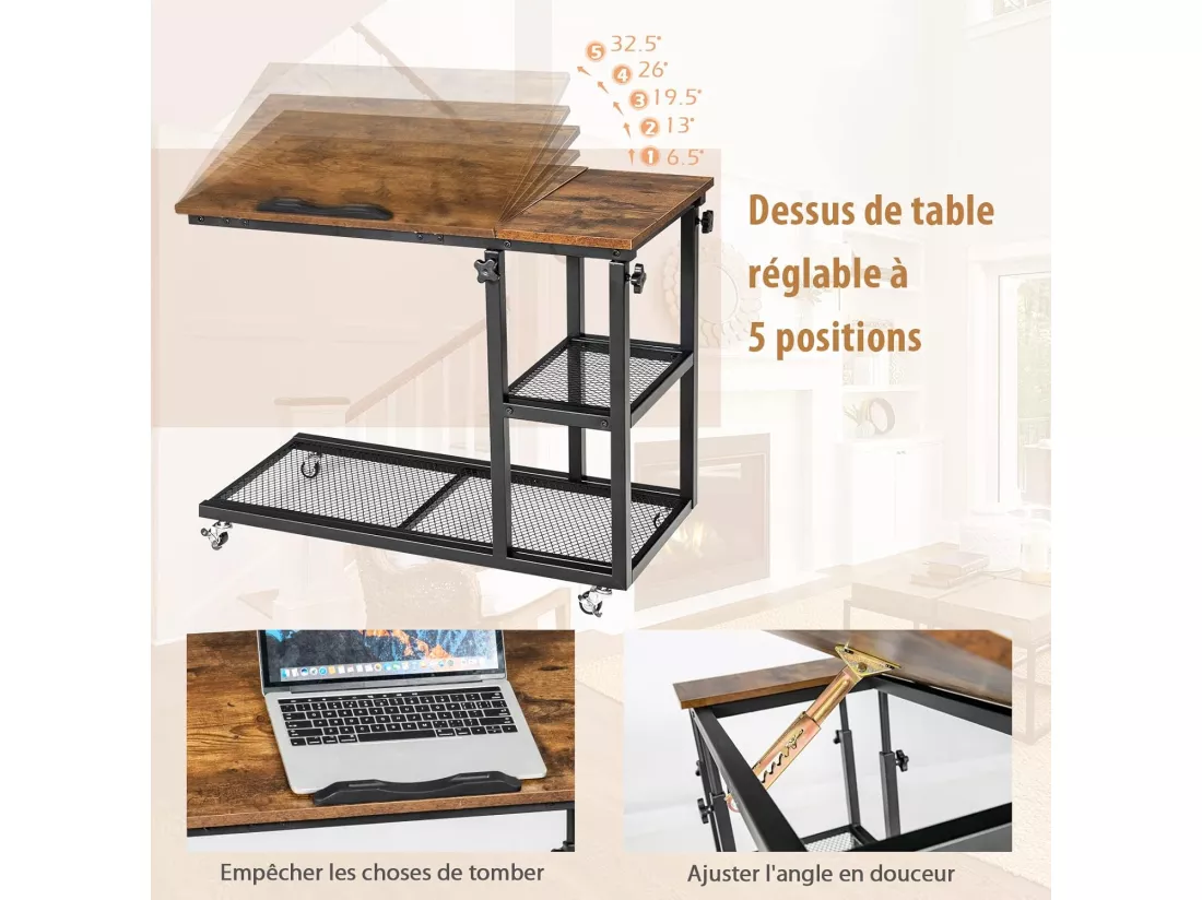 Table d’appoint en forme de c, plateau réglable, roulettes verrouillables, brun