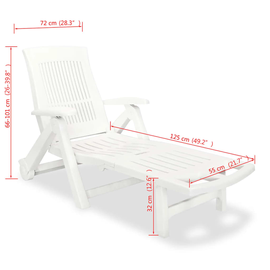 Transat chaise longue bain de soleil lit de jardin terrasse meuble d'extérieur avec repose-pied plastique blanc