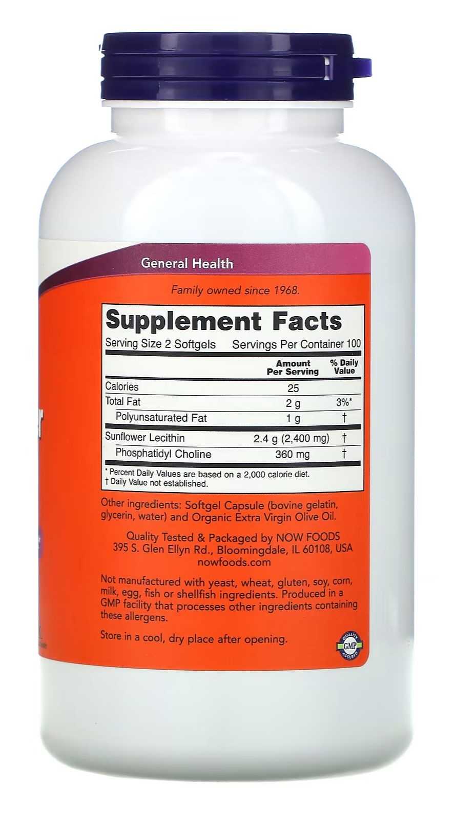 NOW Foods Lecitina de girasol 1200 mg 100 cápsulas blandas