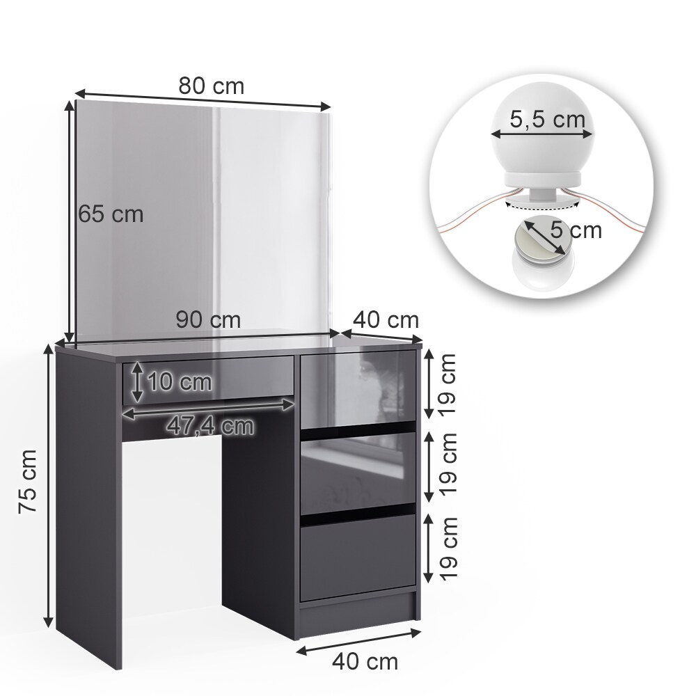 Vicco Schminktisch Sherry Anthrazit Hochglanz 90 x 75 cm, Spiegel LED modern