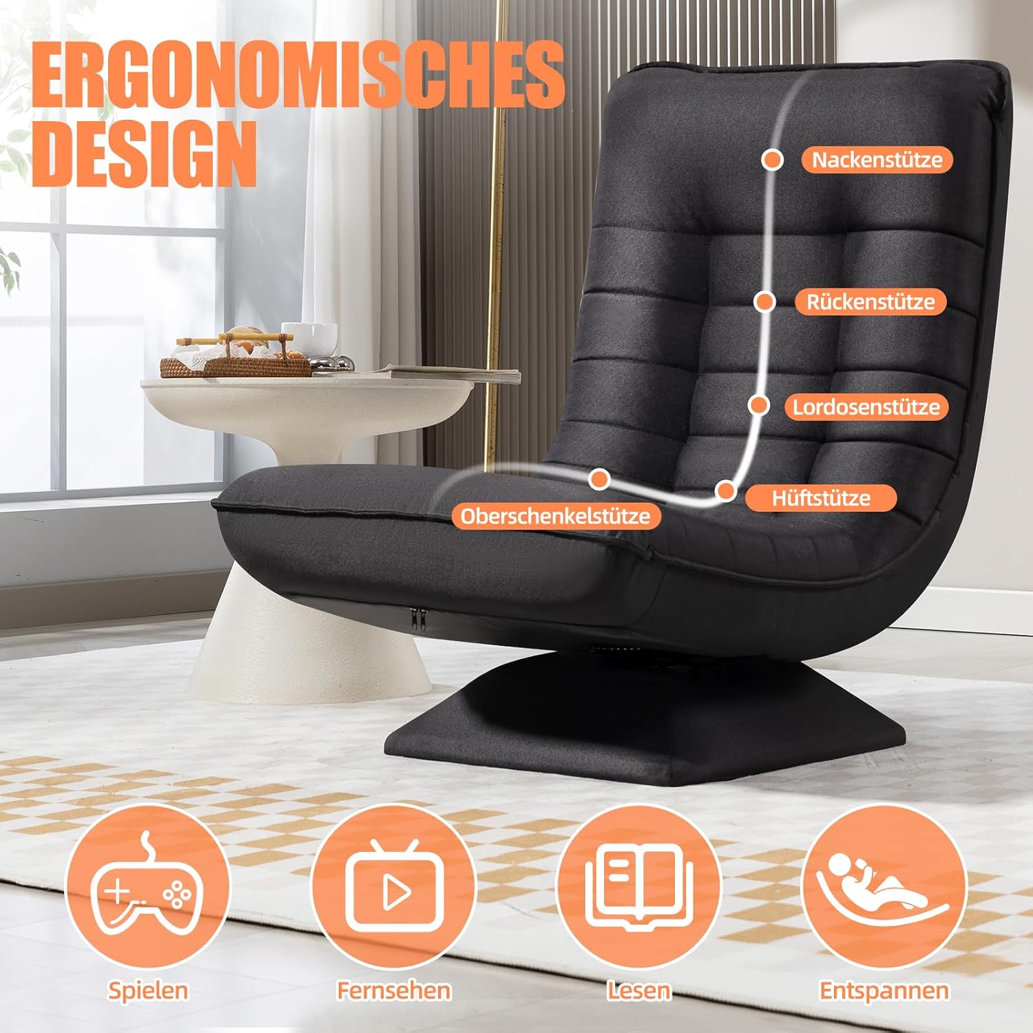 Sessel Wohnzimmer Verstellbare Rückenlehne, 360° Drehbar Leinen Bodenstuhl, Keine Montage Erforderlich Gaming Bodensofa Klappbar, 150kg Belastbarkeit Relaxsessel, Lesesessel, Schwarz