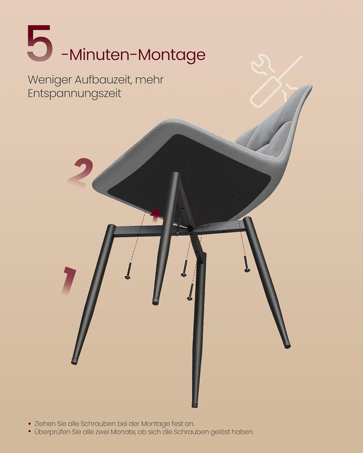 VASAGLE Esszimmerstühle Samt, Küchenstühle bis 120 kg belastbar, Sessel mit verstellbaren Füßen, modern, gepolstert, für Wohnzimmer, 4er Set, schiefergrau KDC080GN01
