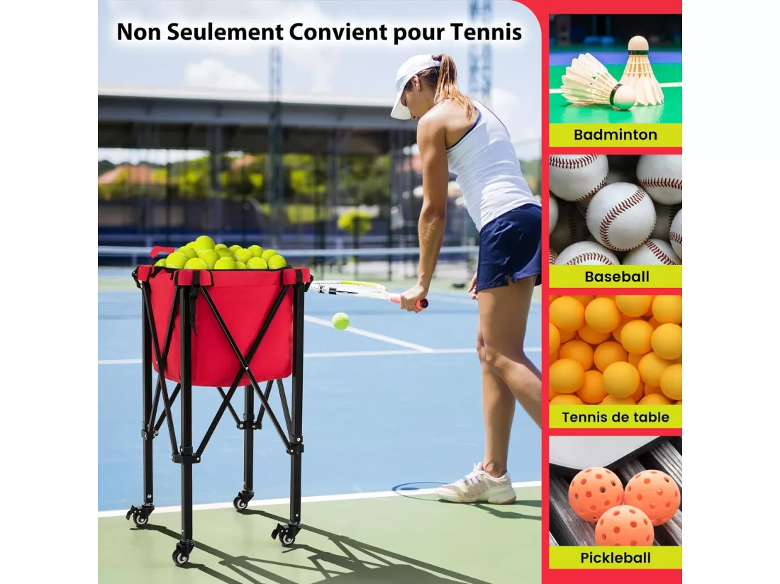 Chariot de Balle de Tennis Pliable avec Sac de Transport, Panier à Balles de Tennis en Aluminium Contient 150 Balles de Tennis avec 2 Roues de Frein Poches Latérales, Rouge