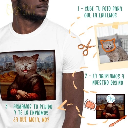 Camiseta masculina Mascochula, estampa da Mona Lisa personalizada com seu animal de estimação, cinza.