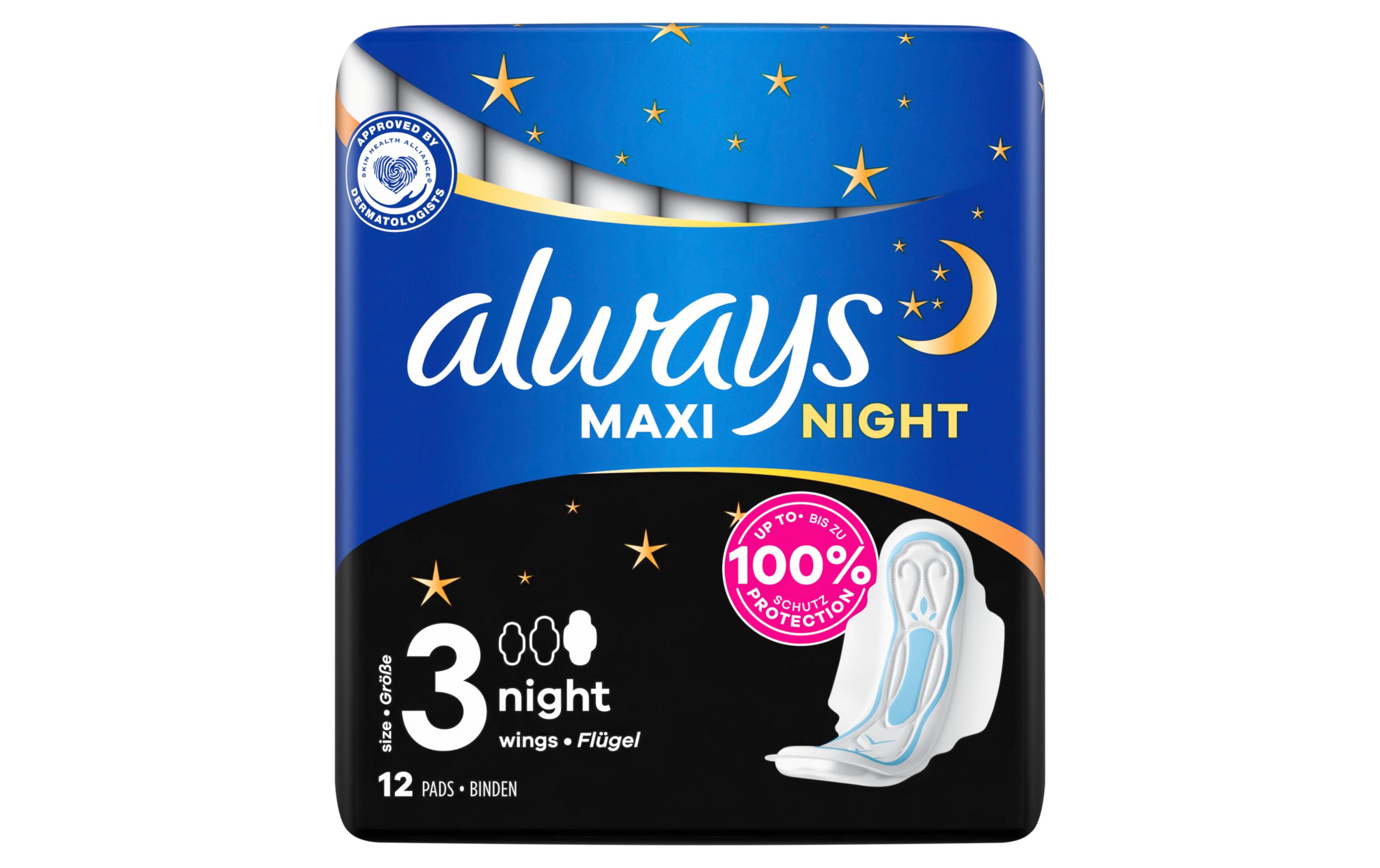 Binde mit Flügeln Maxi Night 12 StückHochwertige Binden mit saugfähigem Kern