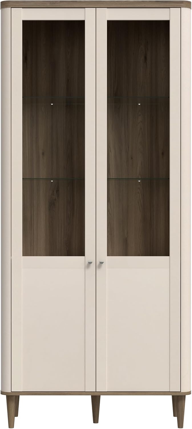 Forte LACETTI Vitrine 90, Moderne Wohnzimmervitrine mit Skandi Lamellen Design, 2-türig, Holzwerkstoff, Kaschmir | Beige mit Valencia Eiche Holzdekor, 90,1 cm breit x 200,5 cm hoch x 41,2 cm tief