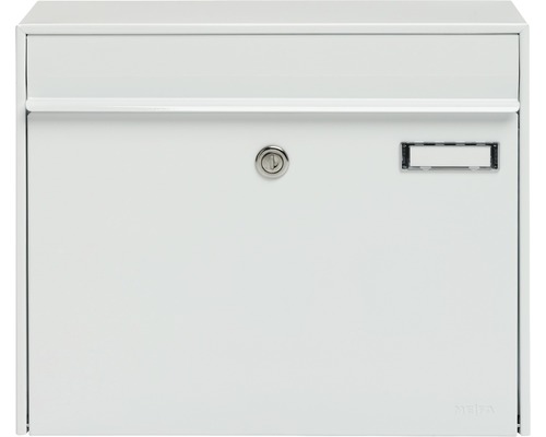 MEFA brievenbus, gepoedercoat staal, BxHxD 385/310/137 mm, Vals 101, verkeerswit RAL 9016, glanzend, frontuitname met klep, naamplaatje