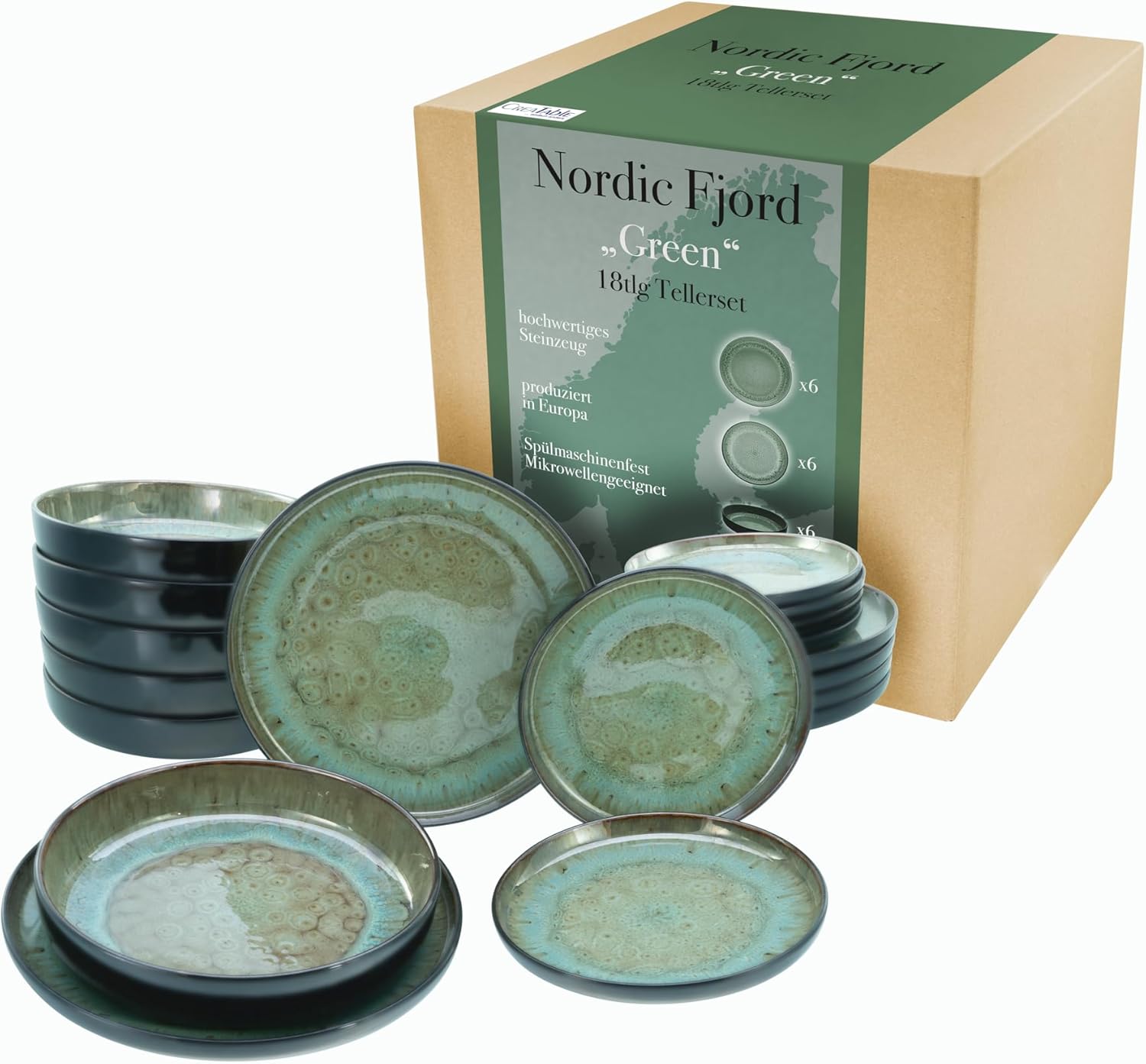 CreaTable, 21557, Serie Nordic Fjord, 18-teiliges Geschirrset für 6 Personen, Teller Set aus Steinzeug, spülmaschinen- und mikrowellengeeignet, Qualitätsproduktion