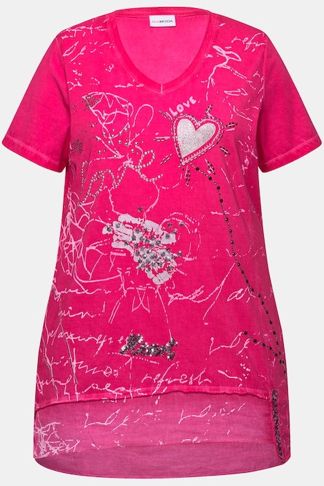 T-Shirt, cold dyed, verzierter Druck, V-Ausschnitt, Halbarm