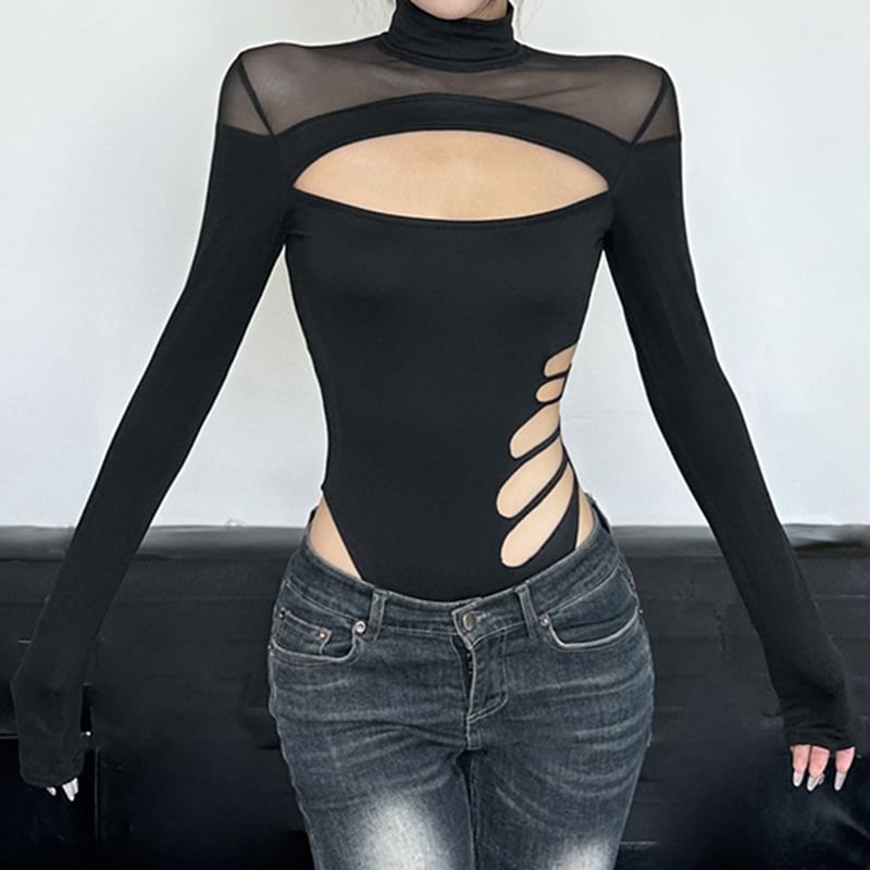 Genrovia - Bodytop met lange mouwen en nephals en uitsparing van mesh