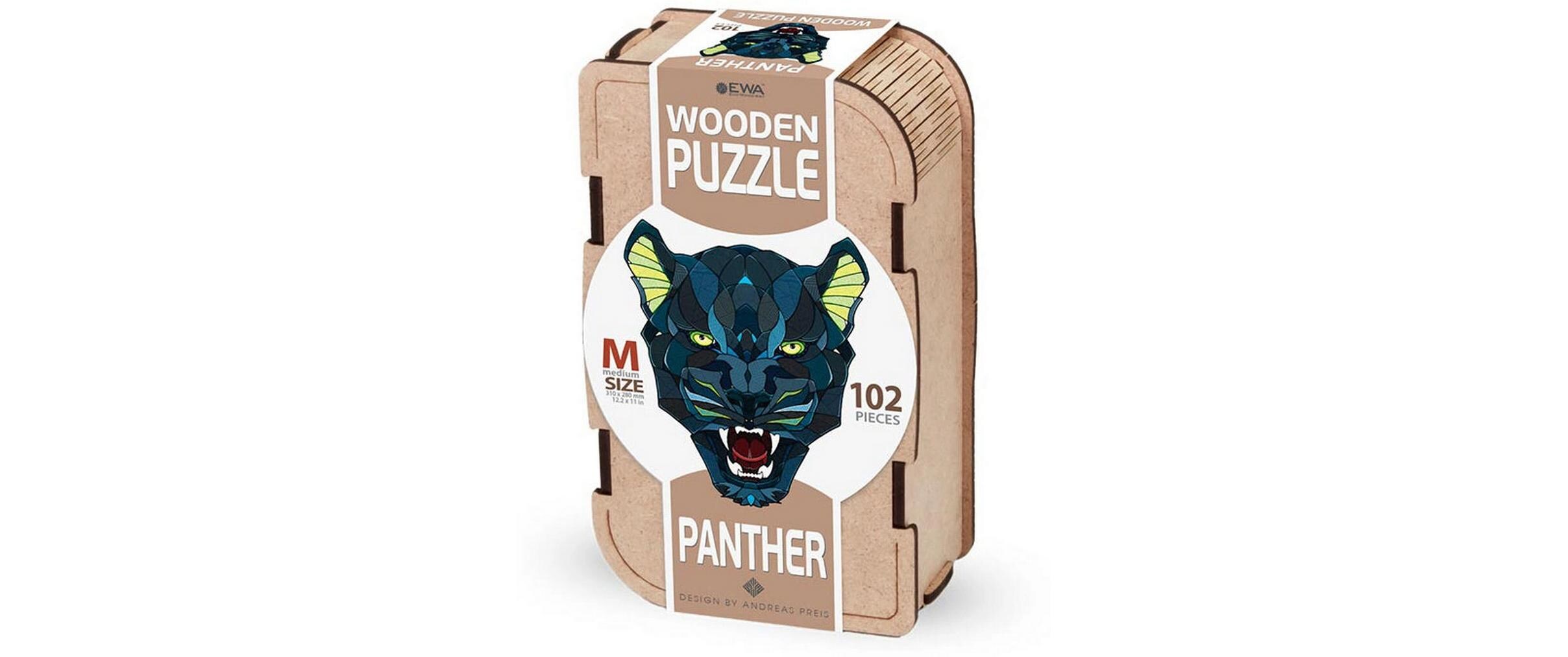 Holz-Puzzle Panther 102 TeileFarbenfrohe klassische Holzpuzzles mit ungewöhnlichen Formen