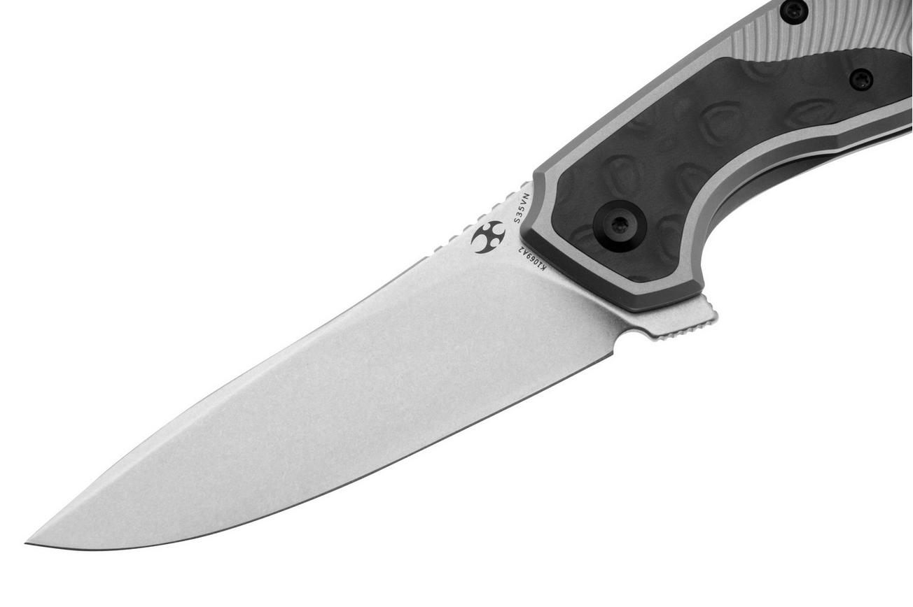 Kansept Havørn K1069A2 Stonewashed CPM S35VN, Titanium, Rose Pattern Black & White Carbon Fiber Inlay, zakmes, Djinn design