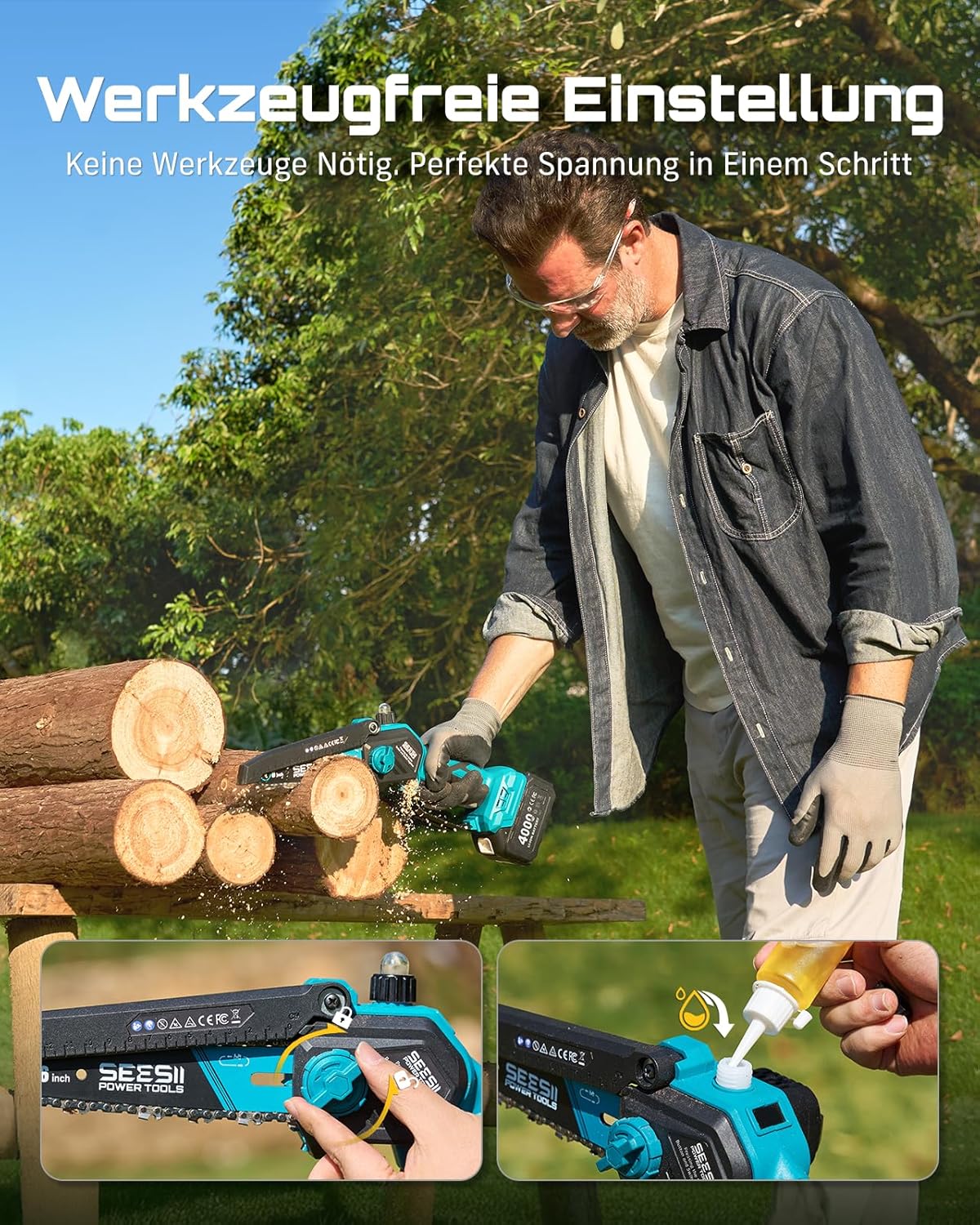 SEESII 2-in-1 Akku Hochentaster, 6-Zoll Bürstenlose Mini-Kettensäge mit 2 x 4000 mAh Batterien, 4.87m Reichweite Elektrische Kettensäge für Baum Trimmen Ast Schneiden Gartengerät
