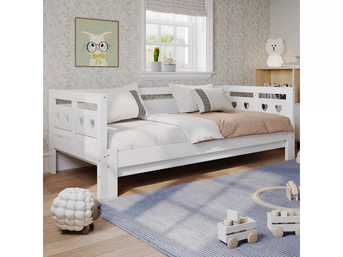 Lit gigogne 90 x 190 cm - bois massif - cadre enroulable - motif coeur - blanc